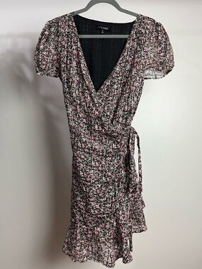 INTERMIX Silk Pink Black Floral Wrap Mini Dress Size 10